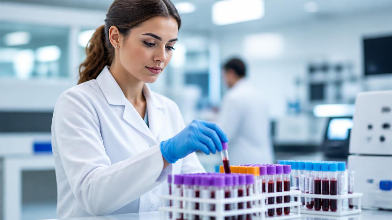 Profissional de laboratório organizando tubos de coleta para exames de check-up
