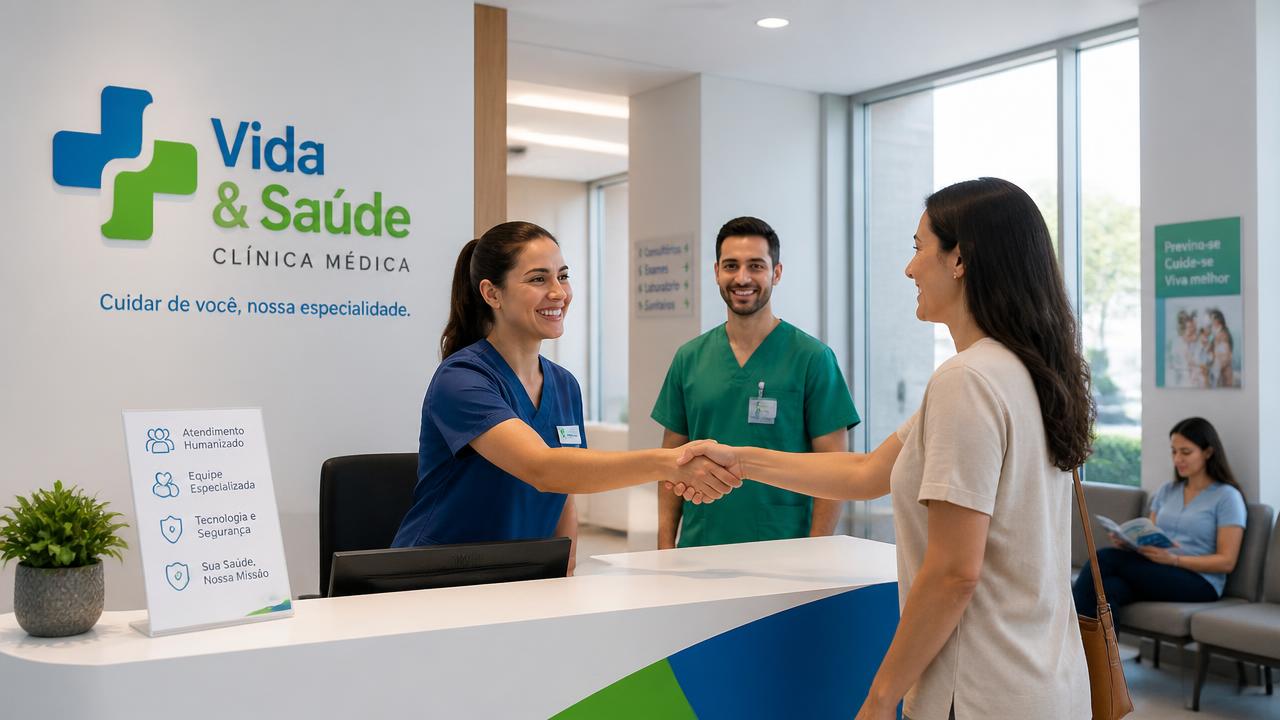 Recepção da clínica TotalClin em Belém, com equipe atendendo pacientes