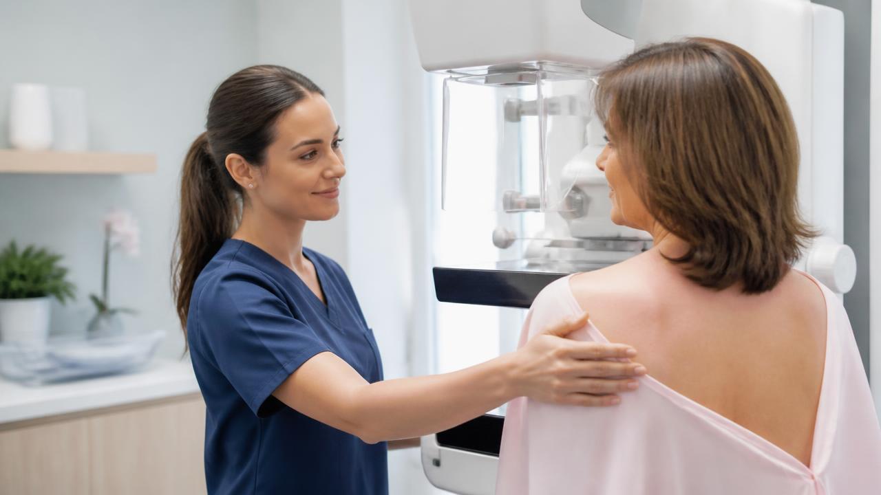 Paciente realizando exame de mamografia acompanhada por técnica de radiologia
