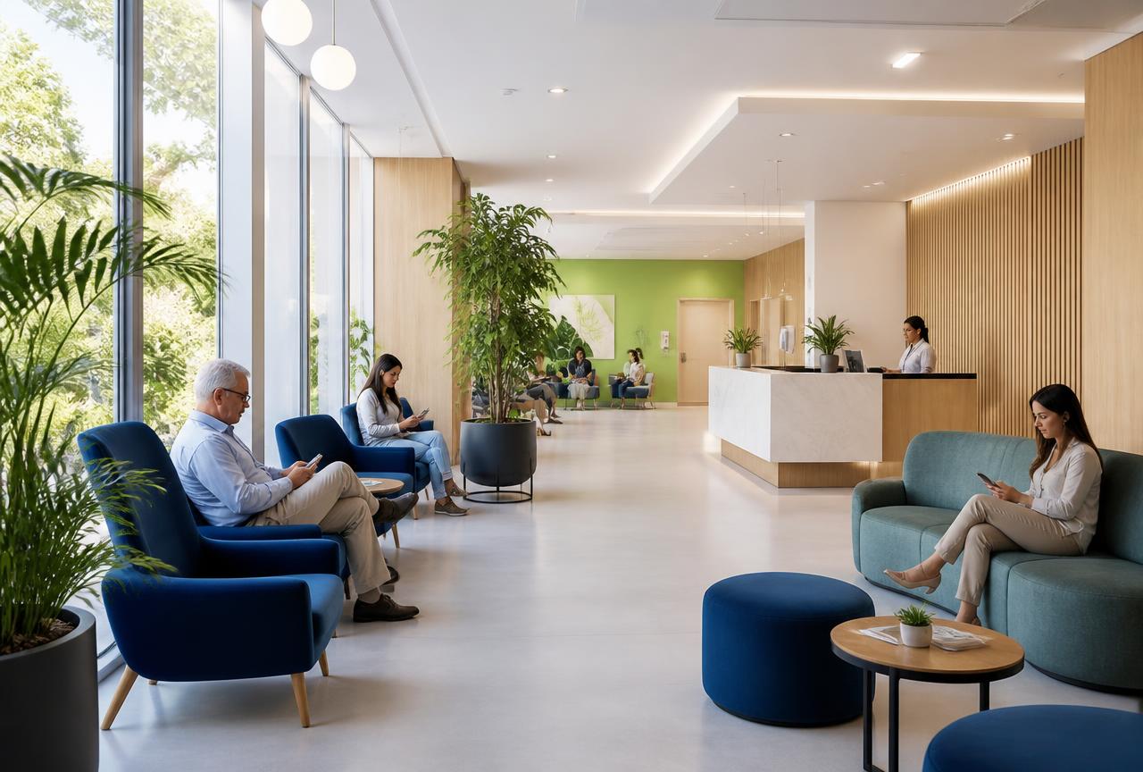 Sala de espera ampla e confortável da clínica TotalClin em Belém